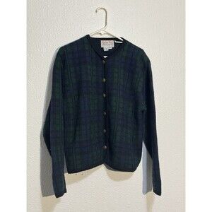Vintage 80’s Tally Ho 100% Wool Green Plaid Metal Button Cardigan Sweater Medium